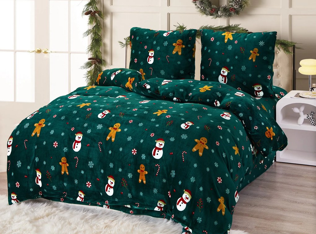 Set Lenjerie cocolino SNOWMAN AND GINGERBREAD verde + Cearsaf Cocolino microplus cu elastic SOFT 90x200 cm alb, pat single