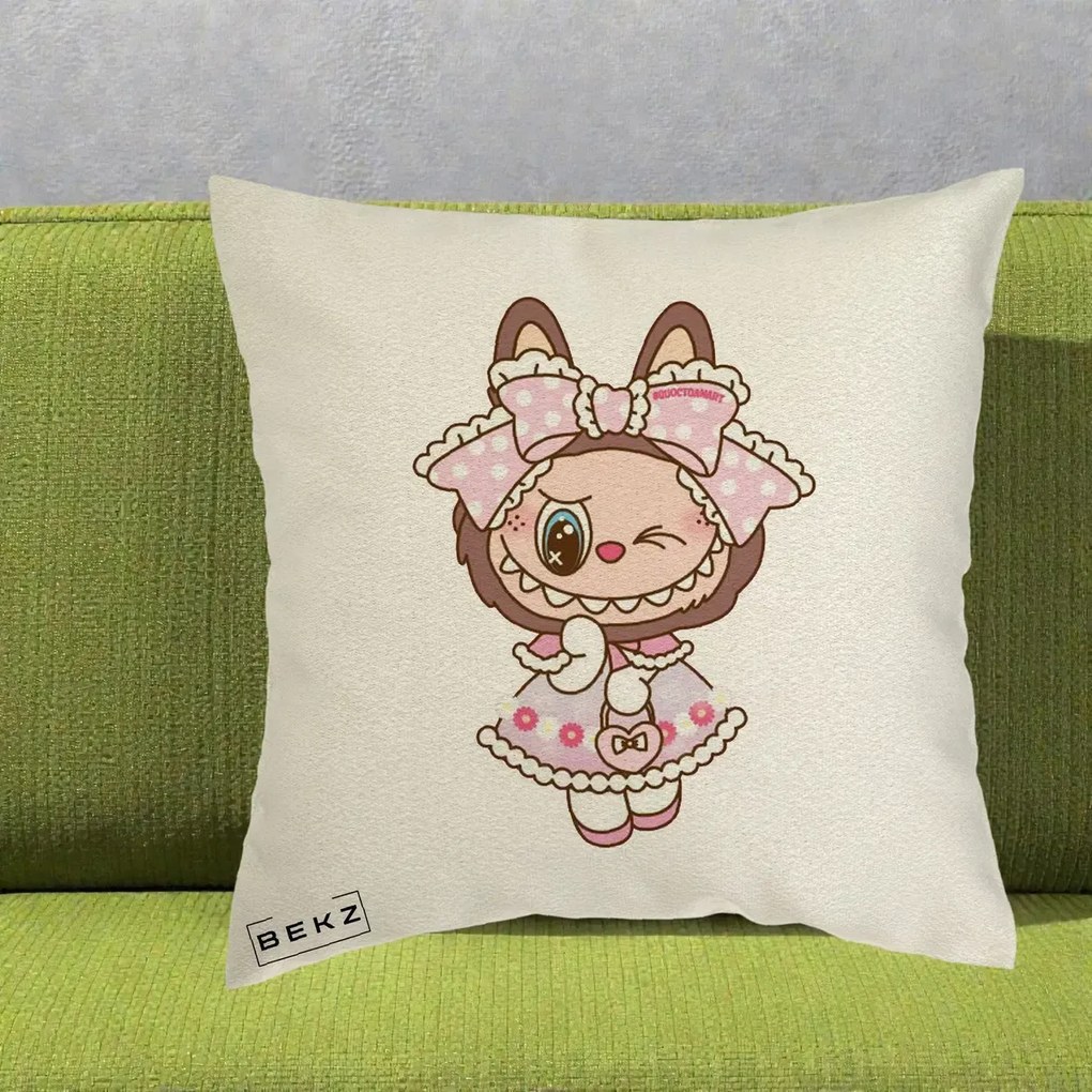 Perna Personalizata Labubu Lolita Roz cu Dantela, 40x40 cm, Ecru, Husa Detasabila, Perna Inclusa, BEKZ®