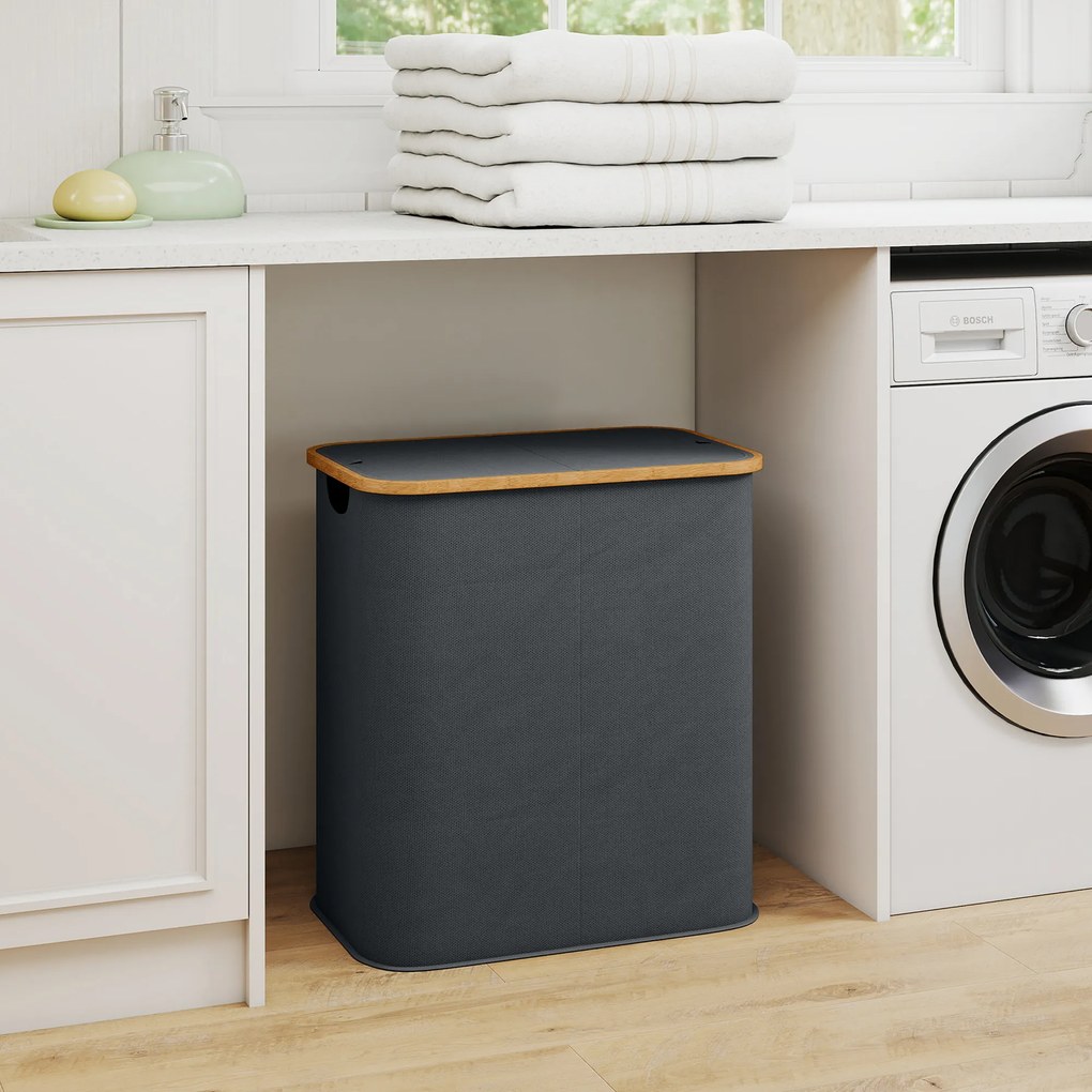 HOMCOM Coș de rufe dublu pliabil 80 l coș pentru rufe murdare cu capac, mânere striate, gri | Aosom Romania