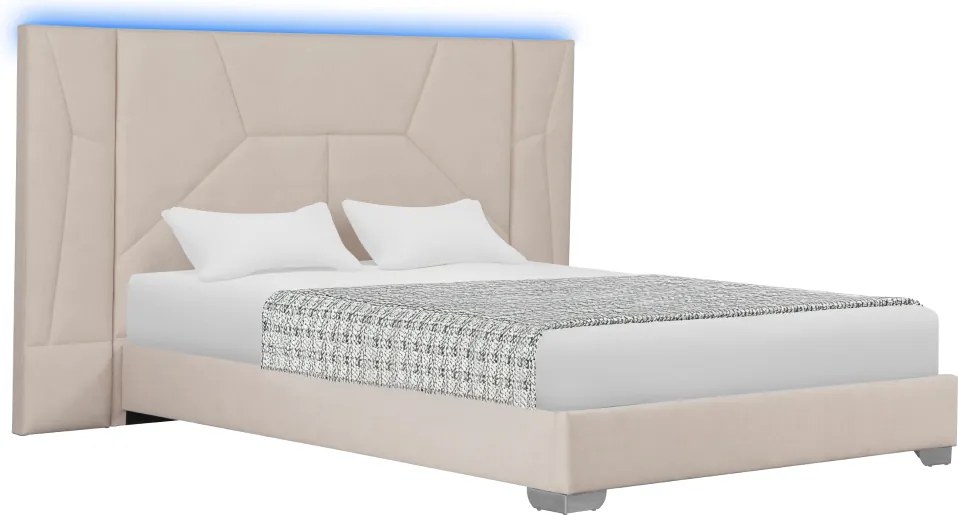 Pat cu somieră şi iluminare LED, 160x200, ţesătură Velvet bej, ALTESA