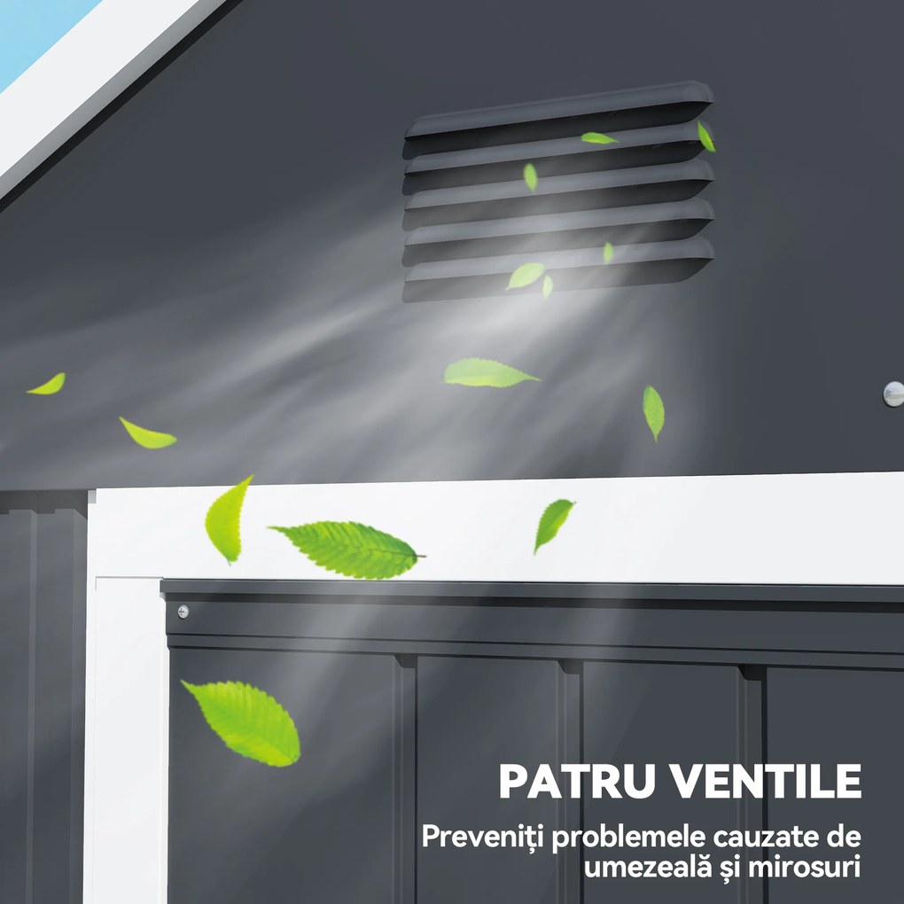 Outsunny Magazie de Grădină din Oțel Galvanizat și PP cu 4 Guri de Aerisire și Fereastră, 259x171x222 cm, Gri și Alb | Aosom Romania