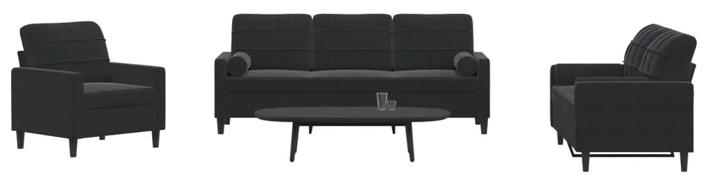 vidaXL Set de canapele cu perne/rulouri, 3 piese, negru, catifea