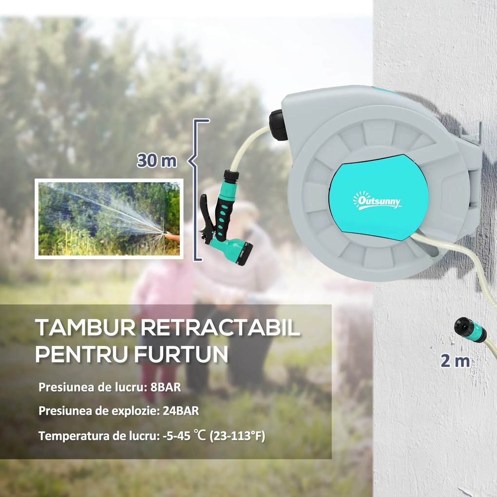 Outsunny Tabur pentru Furtun Retractabil cu Furtun de Apă 30+2 m, Rotativ la 180°, 50x23x45 cm, Verde | Aosom Romania