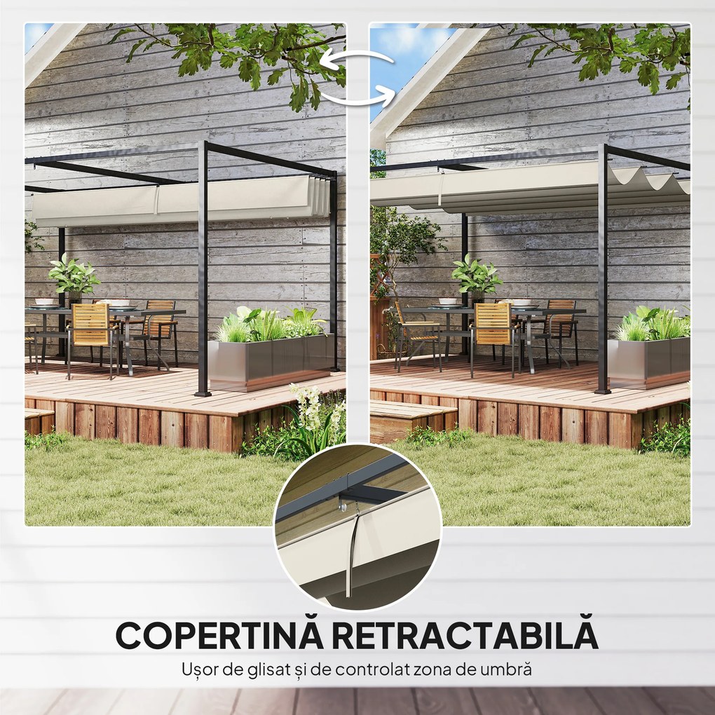 Outsunny Pergolă Gazebo 3x2 m cu Acoperiș Retractabil, Orificii de Drenaj, Țăruși și Șuruburi, Pergolă din Metal și Poliester pentru Exterior, Crem | Aosom Romania