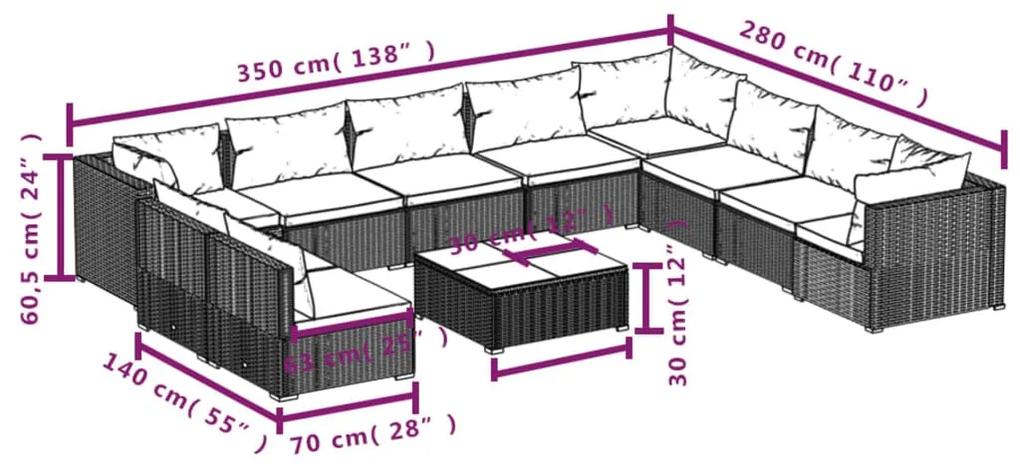 Set mobilier de gradina cu perne, 11 piese, gri, poliratan gri si antracit, 3x colt + 7x mijloc + masa, 1