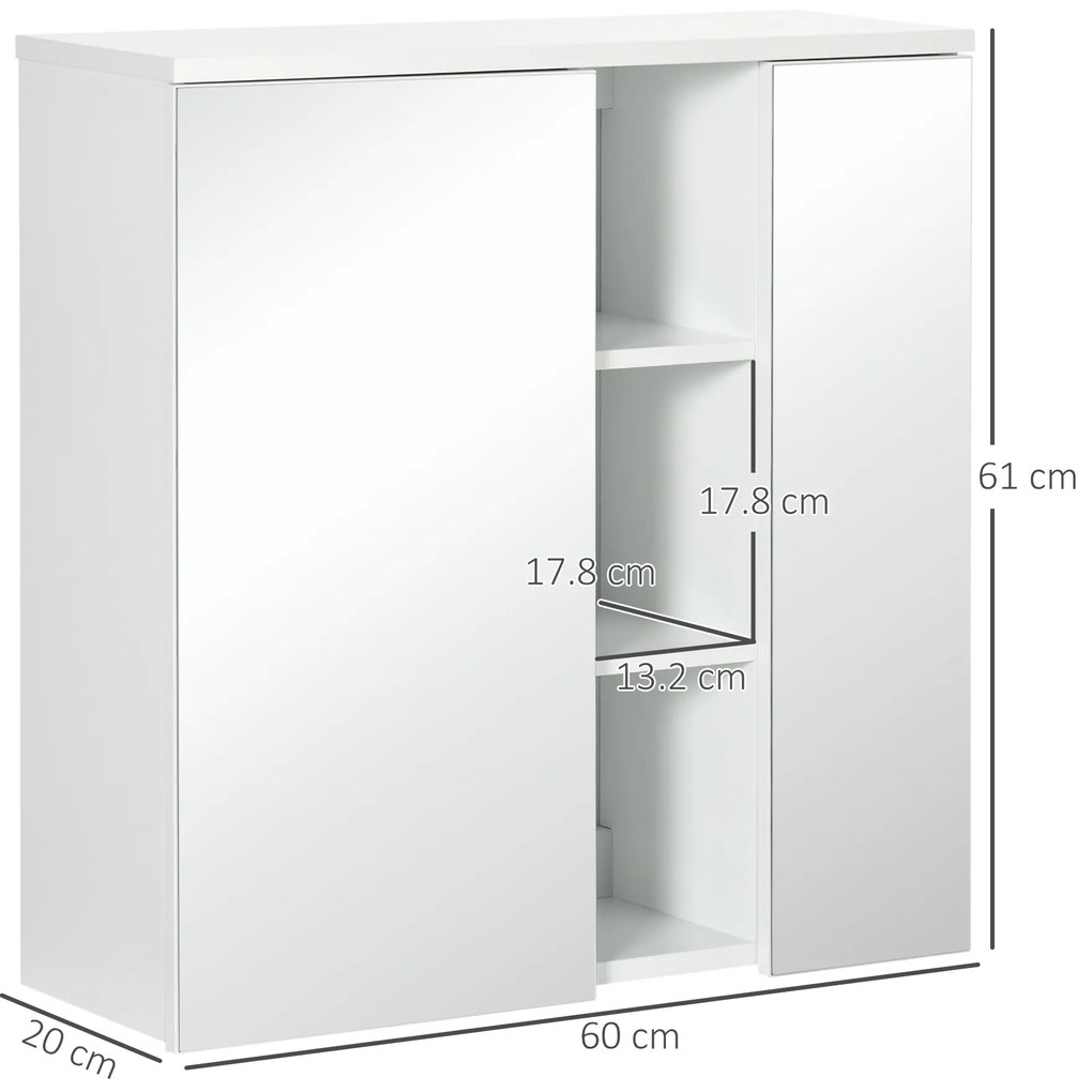 Dulap pentru medicamente cu usi duble, 3 rafturi reglabile, cu oglinda, montare pe perete, alb 60x20x61cm Kleankin | Aosom Romania