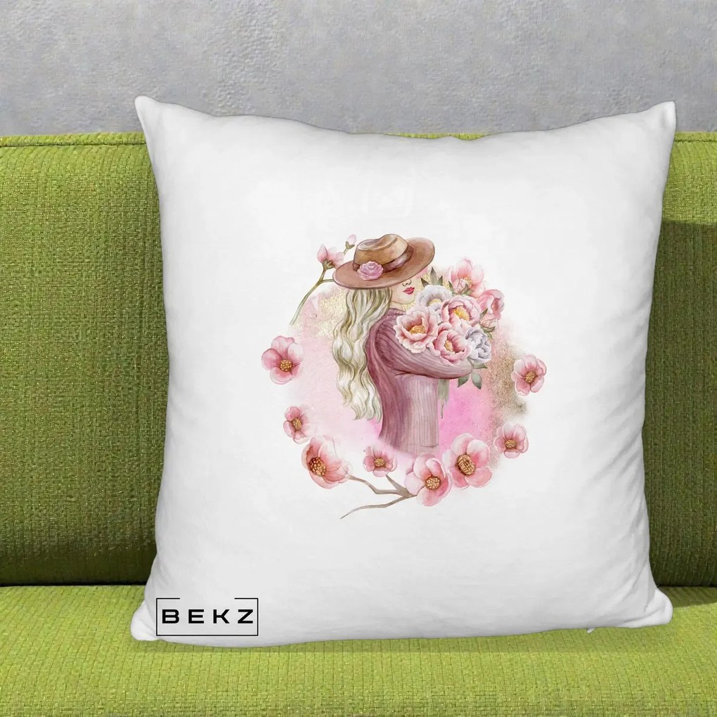 Perna Decorativa Femeie cu Flori Roz Acuarela, 40x40 cm, Alb Pufos, Husa Detasabila, Perna Inclusa, BEKZ®
