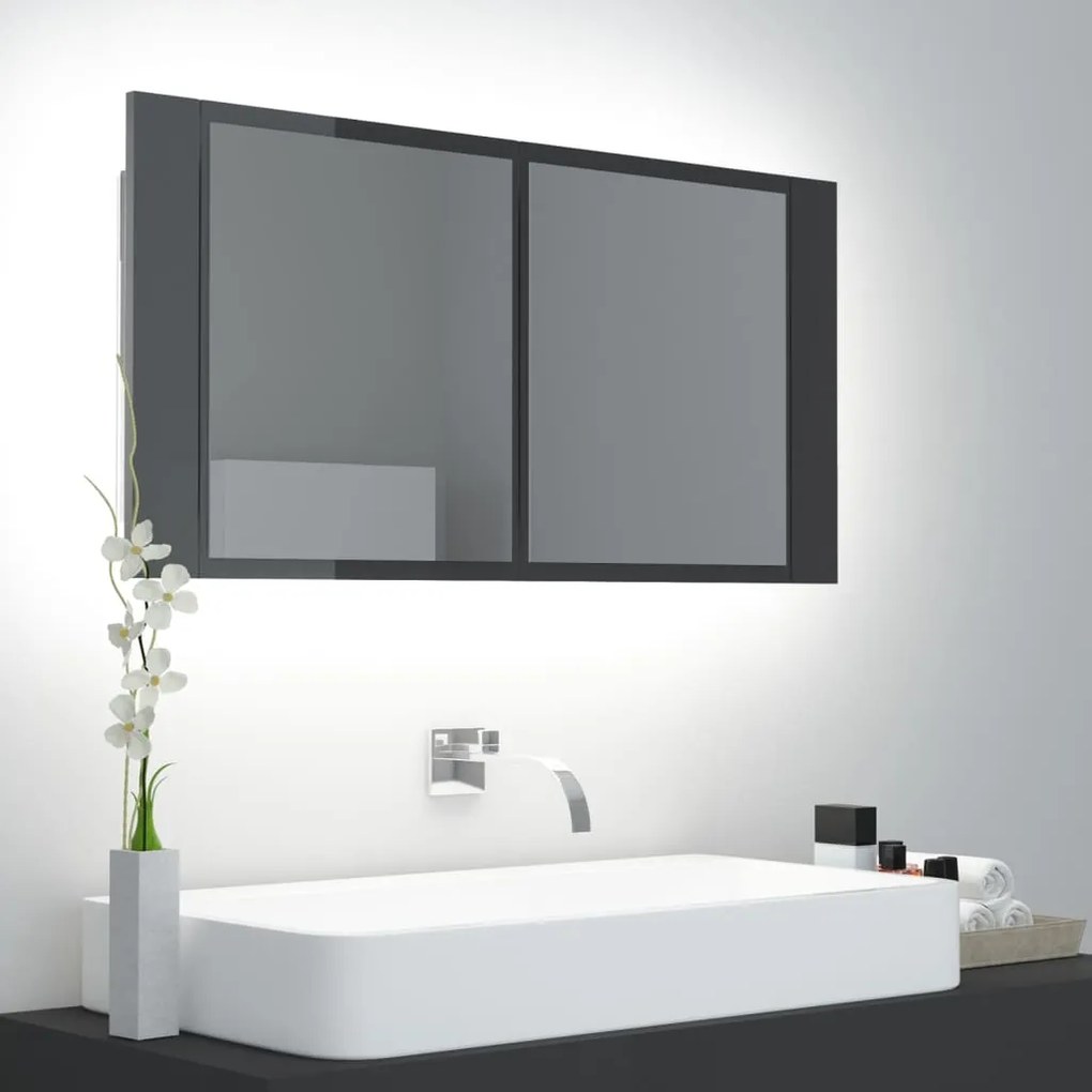 804979 vidaXL Dulap de baie cu oglindă & LED, gri extralucios, 90x12x45 acril