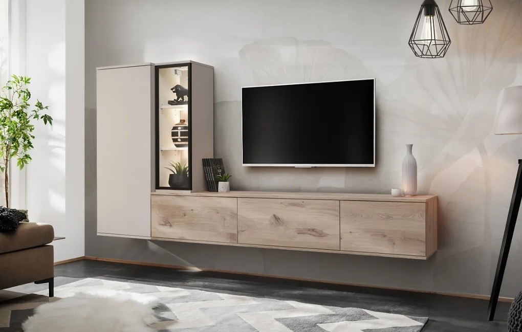 Living mobila sufragerie moderna, casmir bej stejar viking, 240 cm lungime, vitrina sticla cu led, usi deschidere push open, suspendata, canturi abs