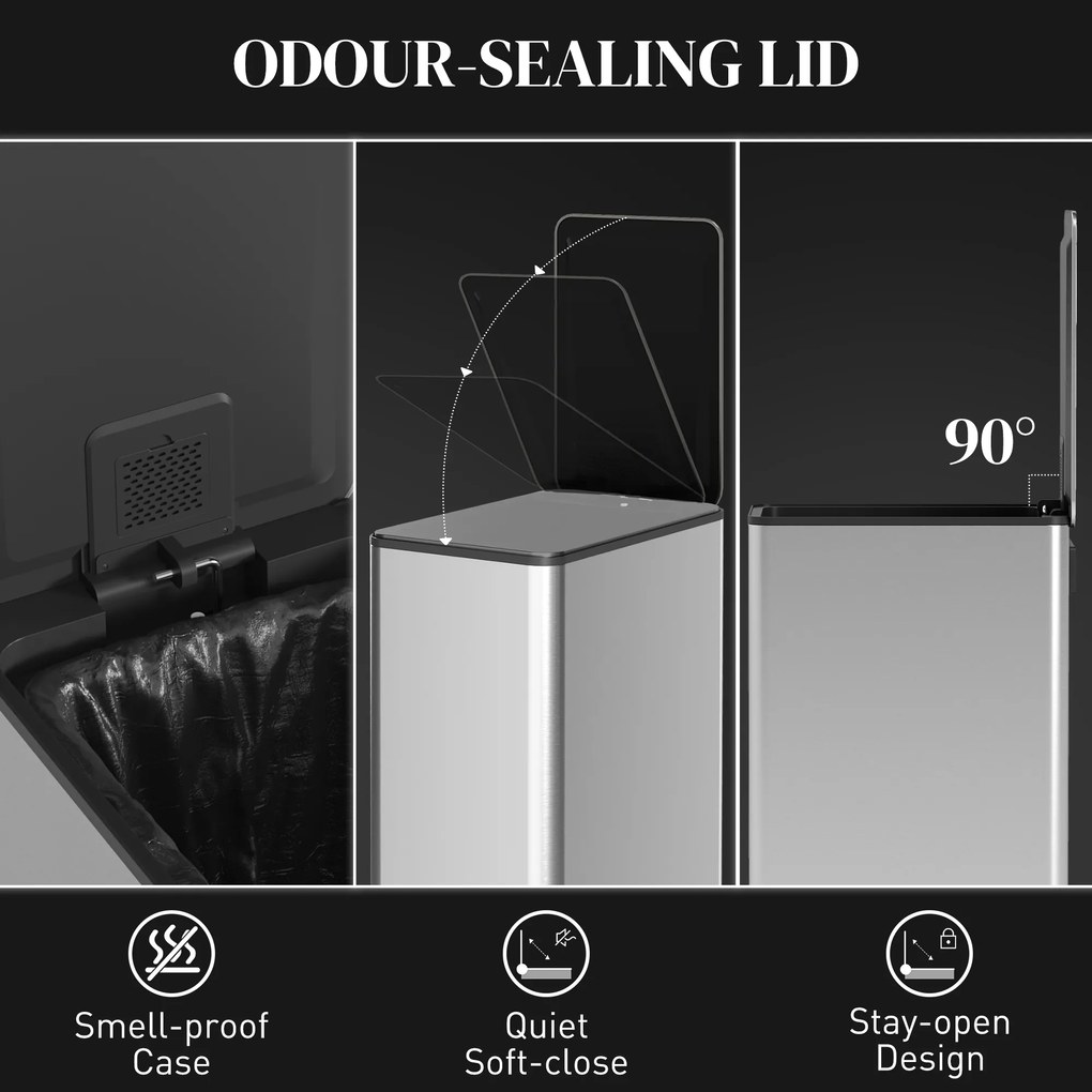 HOMCOM Coș de Gunoi de 20L Antiamprentă cu Închidere Lentă și Găleată Detașabilă, Coș cu Pedală, pentru Bucătărie, Living, Birou și Studiu, 21.5x37.2x57 cm, Argintiu | Aosom Romania