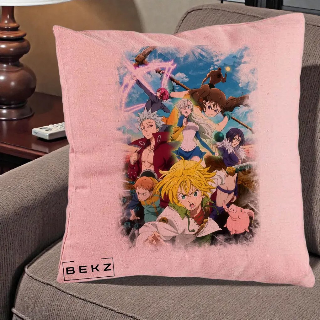 Perna Personalizata Nanatsu no Taizai Cele Sapte Pacate Mortale Anime, 40x40 cm, Roz, Husa Detasabila, Perna Inclusa, BEKZ®