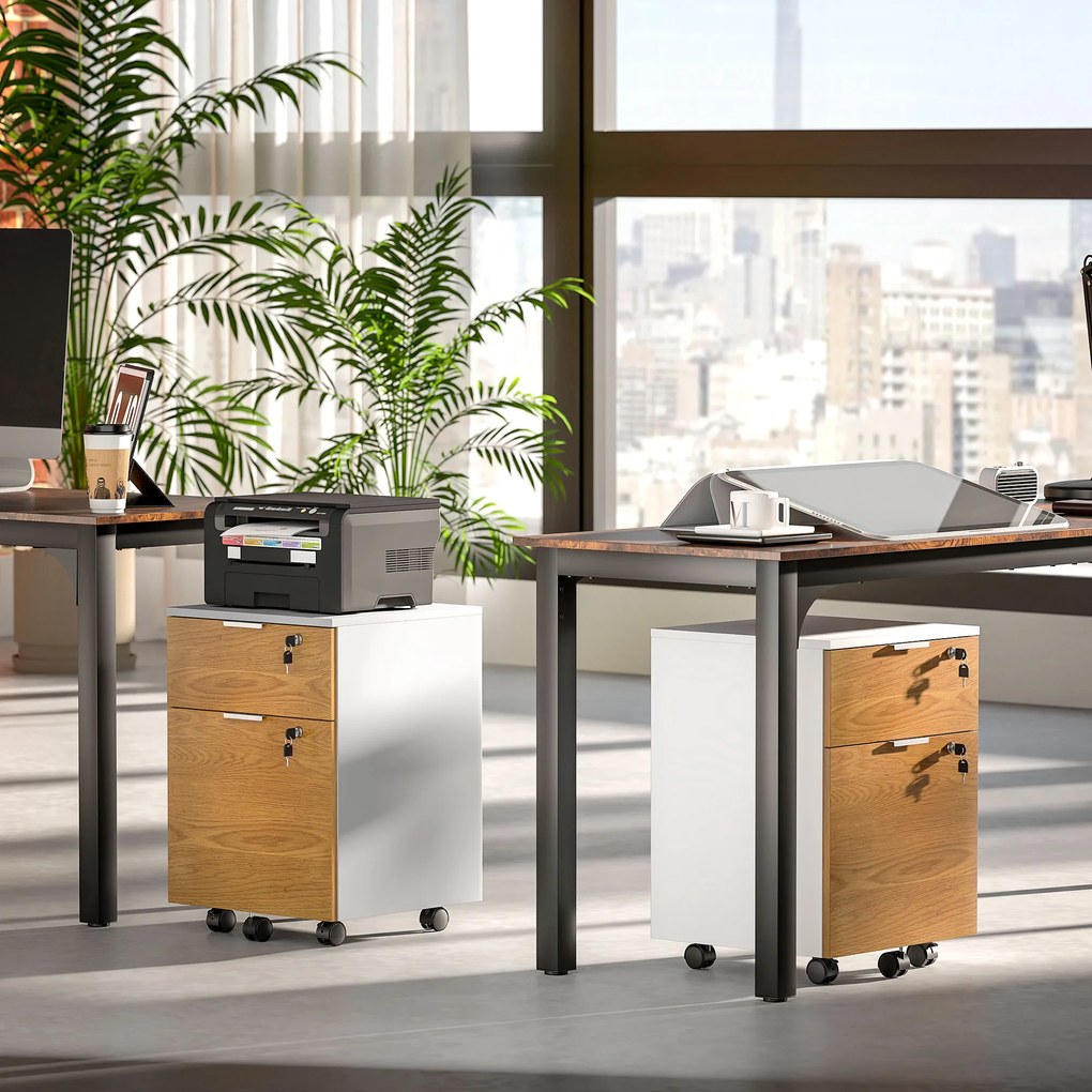 HOMCOM Cufăr de birou, mobilier de depozitare 2 sertare 2 bare pentru fișiere suspendate, cu cheie 2 chei 42x40x60 cm | Aosom Romania