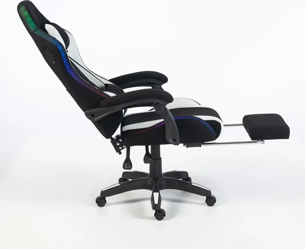 RESIGILAT- ALFORD Scaun gaming cu Masaj in 5 puncte, Perna lombara cu Masaj, Sistem iluminare banda LED RGB, Boxe Bluetooth, suport picioare, textil, Negru