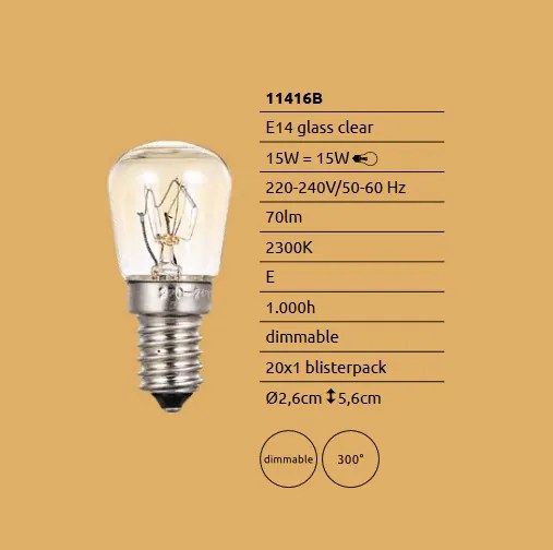Bec cuptor/hota utilizabil pana la 300 de grade cu filament E14 dimabil 15W 2300K 11416B GL