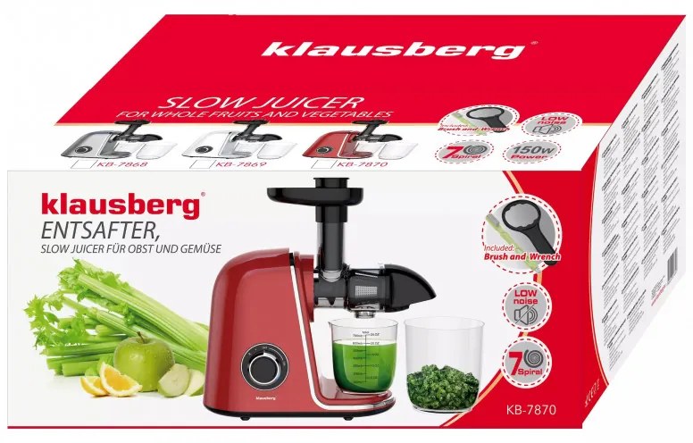 Storcator de fructe si legume Klausberg KB 7870, 150 W, 700 ml, Reverse, Accesorii, Rosu