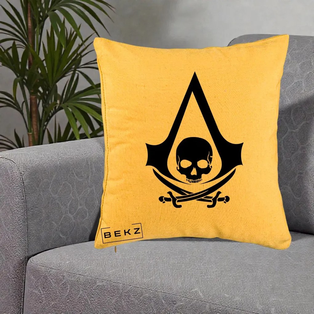 Perna Personalizata Assassin's Creed Black Flag Skull, 40x40 cm, Galben, Husa Detasabila, Perna Inclusa, BEKZ®