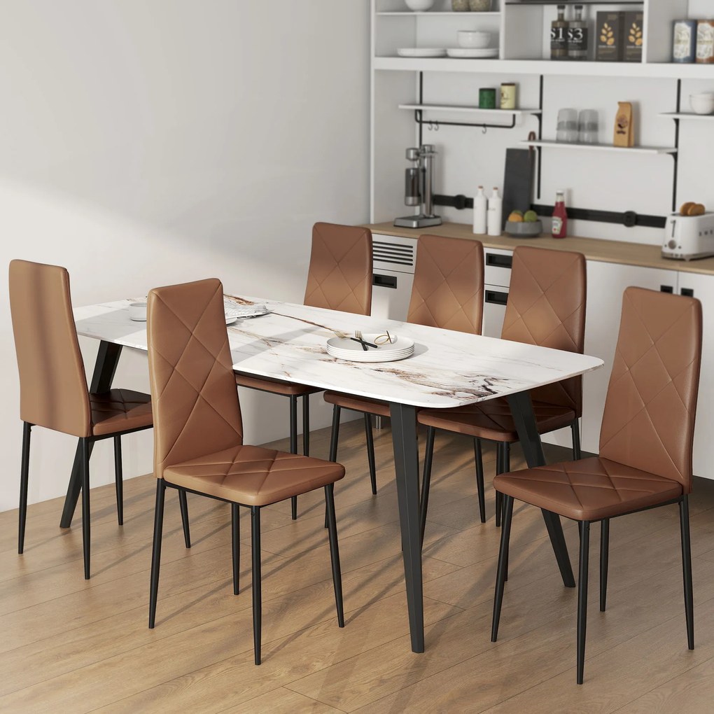 HOMCOM Set de 6 Scaune de Dining Moderne cu Spătar Înalt, din Piele Ecologică și Oțel, 41x50x97 cm, Maro | Aosom Romania