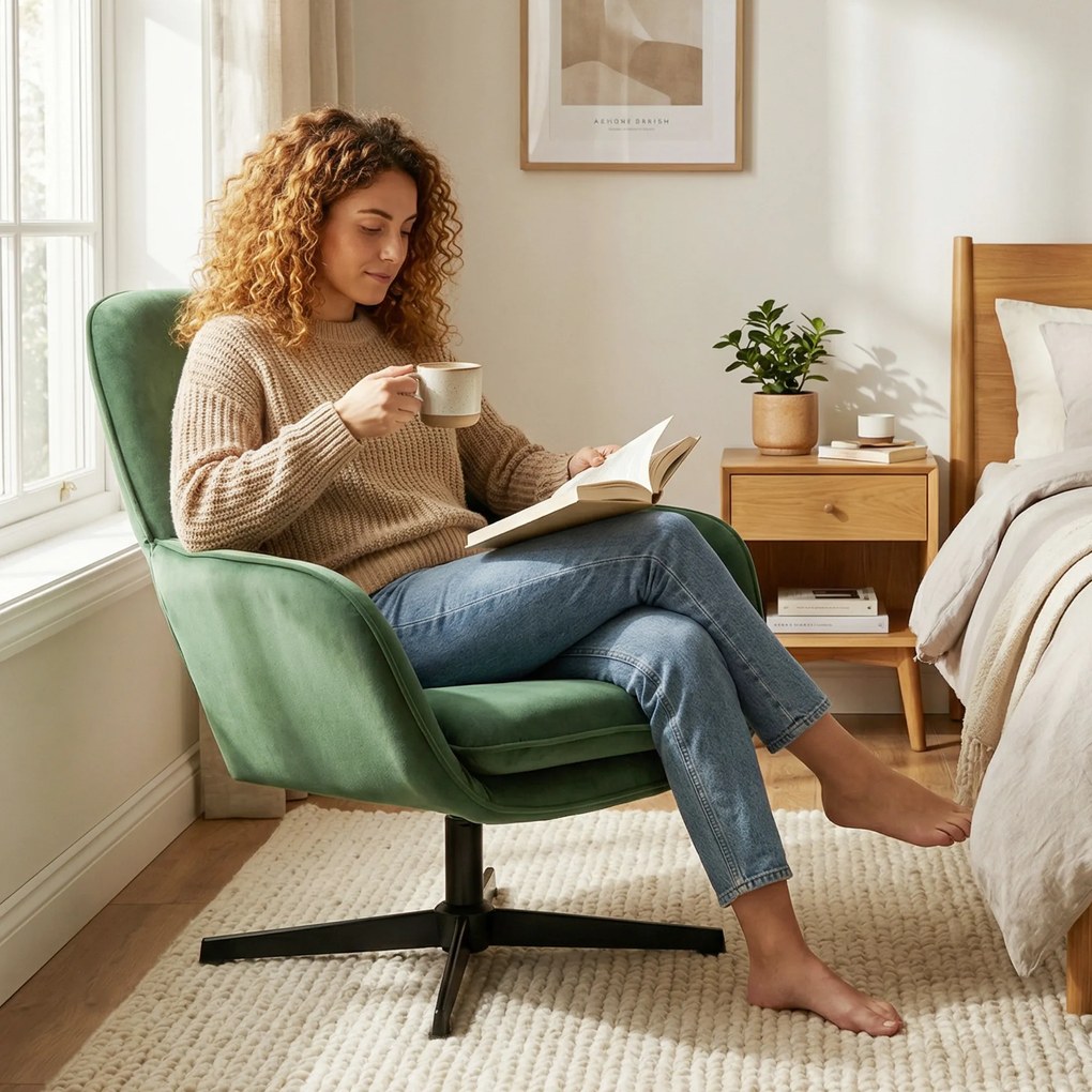 HOMCOM Fotoliu de Salon Rotativ 360° cu Pernă Lombară Detașabilă, Șezut Generos, Fotoliu Tapițat Modern din Catifea cu Cotiere, pentru Living, 73x83.5x85 cm, Verde | Aosom Romania