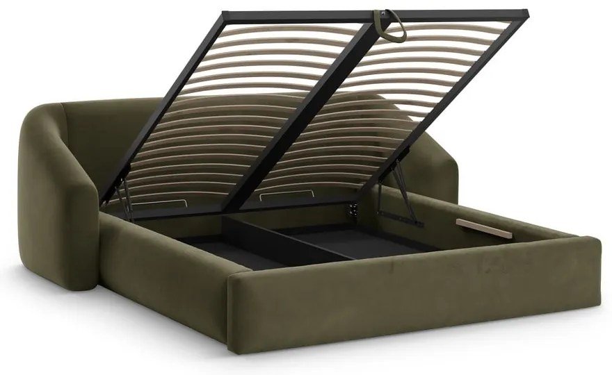 Pat matrimonial verde tapițat cu spațiu de depozitare cu somieră 200x200 cm Campi – Cosmopolitan Design