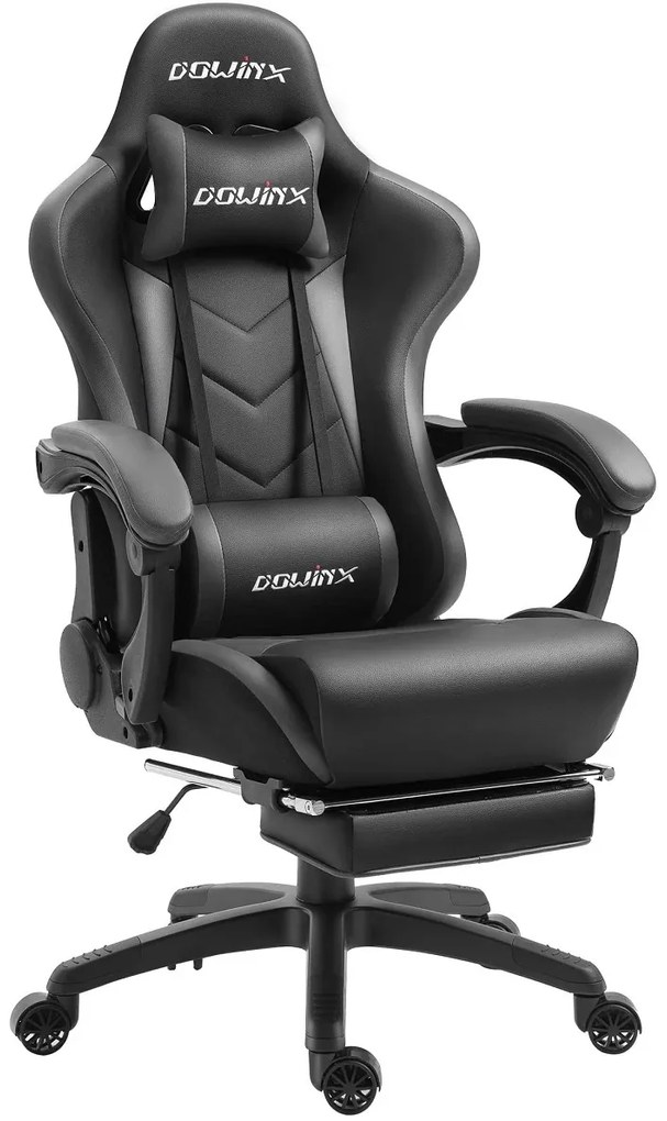 DOWINX Scaun gaming, ergonomic, suport lombar cu masaj, spătar rabatabil, tetieră, suport pentru picioare, rezistent 150 kg, piele PU, Negru/Gri