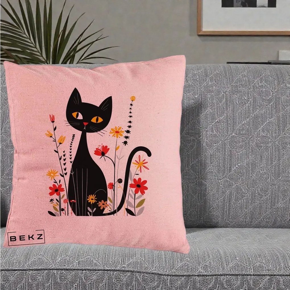 Perna Decorativa Pisica Neagra Ochi Galbeni Flori, 40x40 cm, Roz, Husa Detasabila, Perna Inclusa, BEKZ®