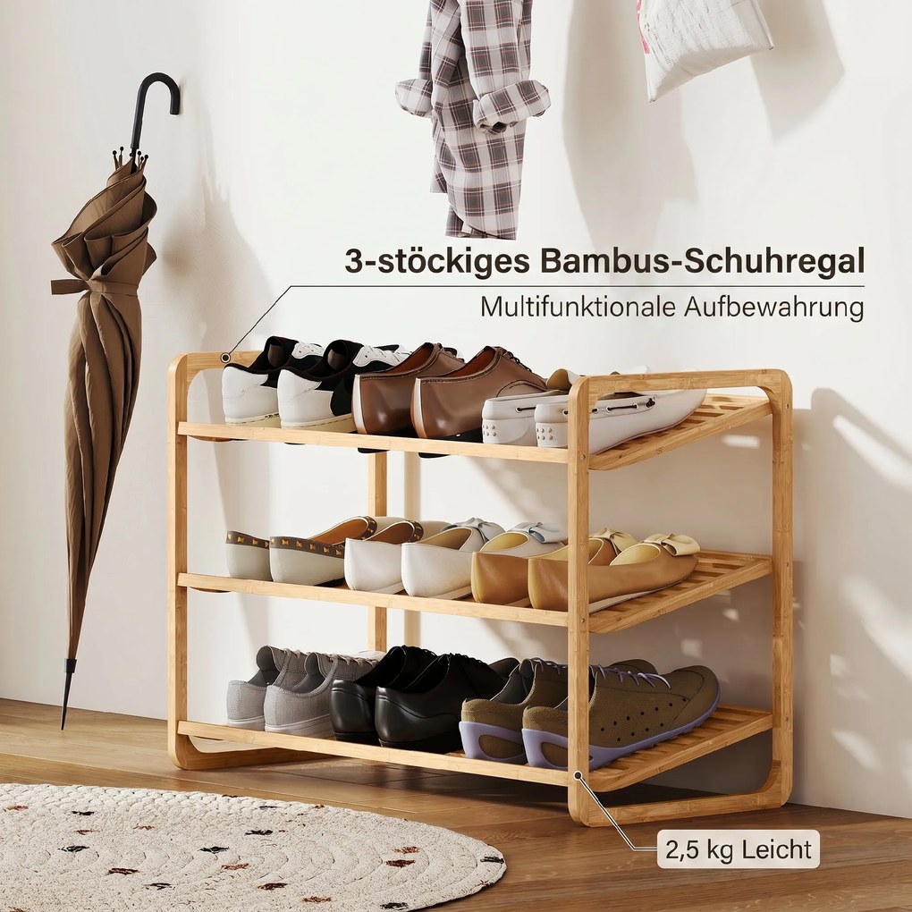 HOMCOM Etajeră pentru pantofi cu 3 rafturi pentru 12 perechi de pantofi din bambus 76x33x50.8 cm | Aosom Romania