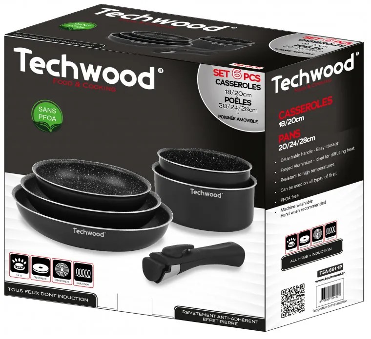 Resigilat: Set de oale și tigai Techwood TSA-6611P, 6 h, Maner detasabil, Acoperire antiaderenta, Fara PFOA, Inductie, Negru