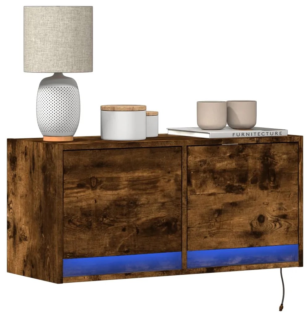 vidaXL Comodă TV de perete cu lumini LED, stejar fumuriu, 80x31x38 cm