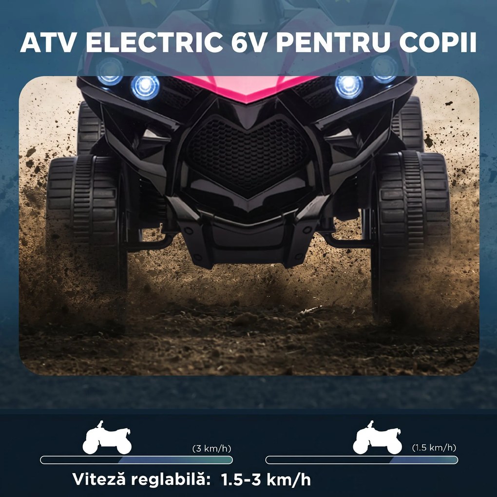 AIYAPLAY Quad Electric pentru Copii 6V, ATV cu Faruri LED și Muzică, 18-56 Luni, Roz | Aosom Romania