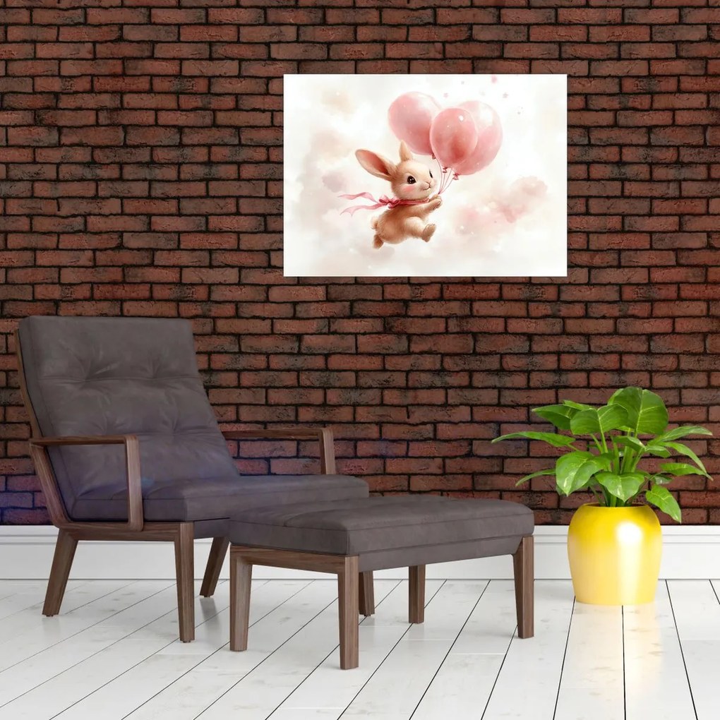 Tablou pe sticlă - Iepuraș cu Baloane (70x50 cm)