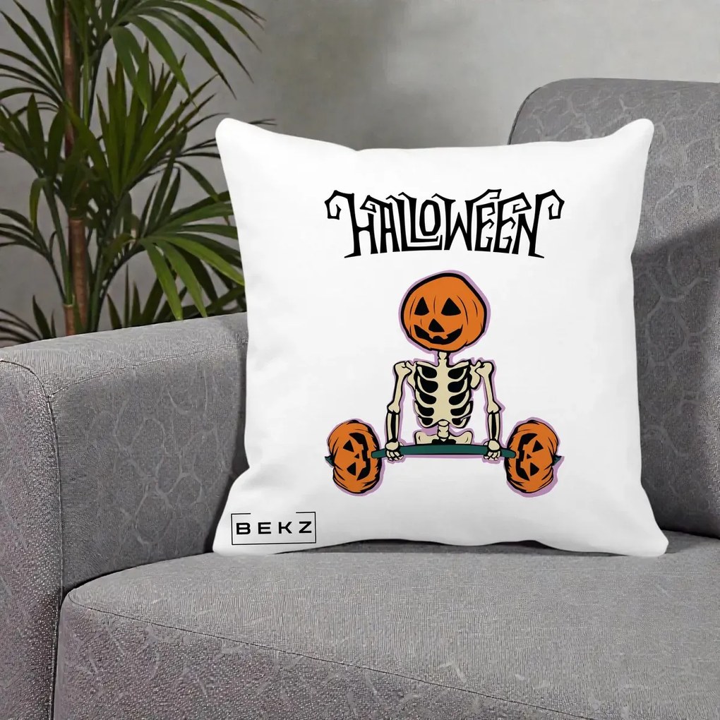 Perna Decorativa Halloween Schelet cu Cap de Dovleac Powerlifting, 40x40 cm, Alba Mata, Husa Detasabila, Perna Inclusa, BEKZ®