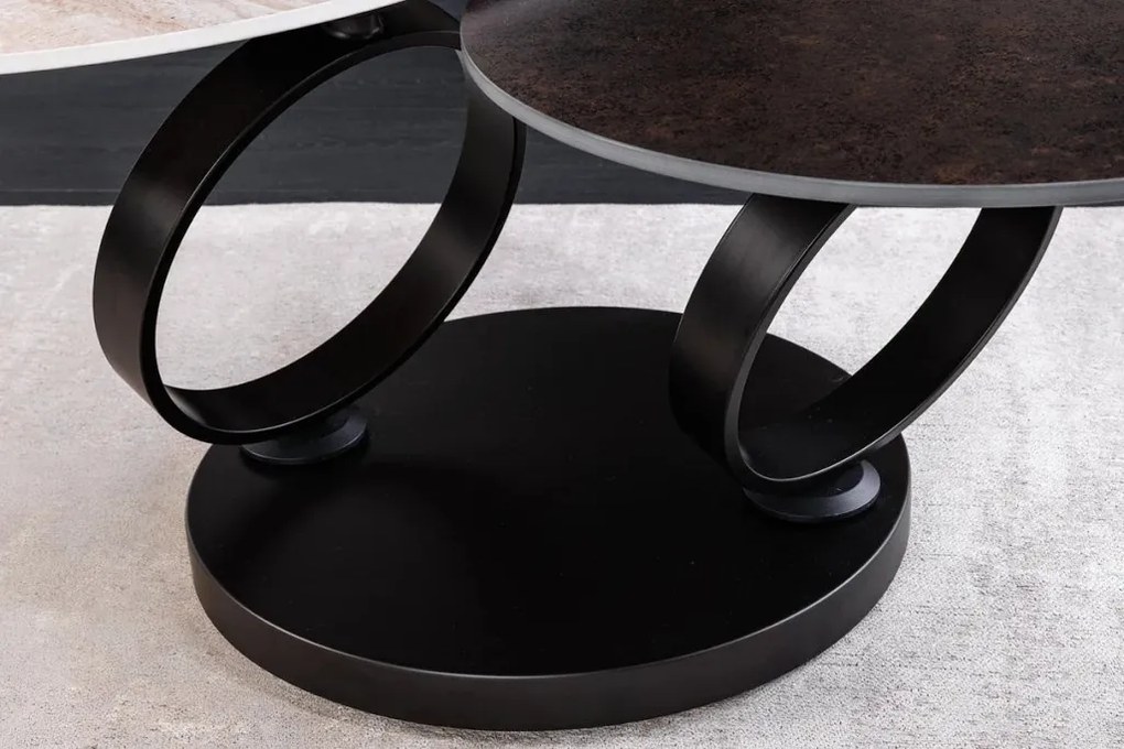 Masuta de cafea moderna cu doua blaturi rotative din ceramica DANCING RINGS 80-135cm