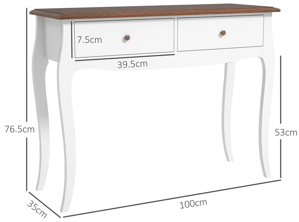 HOMCOM Masă Consolă Modernă cu 2 Sertare, Consolă de Intrare din MDF și PAL, 100x35x76,5 cm, Alb | Aosom Romania