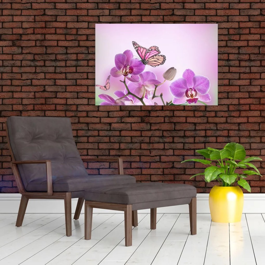 Tablou - Fluture pe flori de orhidee, liliac (90x60 cm)