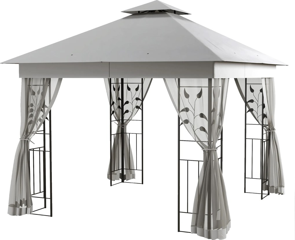 Outsunny Pavilion cu acoperiș dublu, 3x3 m, hidrofug, stabil, rezistent la iarnă, pavilion de grădină cu plasă de țânțari, Gri deschis | Aosom Romania