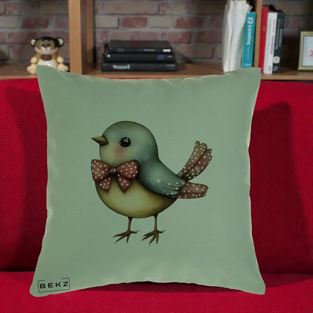Perna Decorativa Pasare Bleu cu Fundita Rosie, 40x40 cm, Verde, Husa Detasabila, Perna Inclusa, BEKZ®
