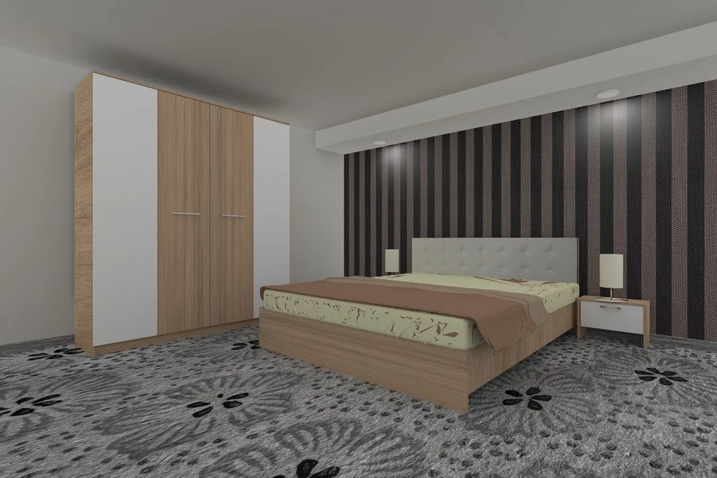 Dormitor Luiza 4U4PTA, culoare sonoma / alb, cu pat tapiterie alba 160 x 200, dulap cu 4 usi 164 cm si 2 noptiere