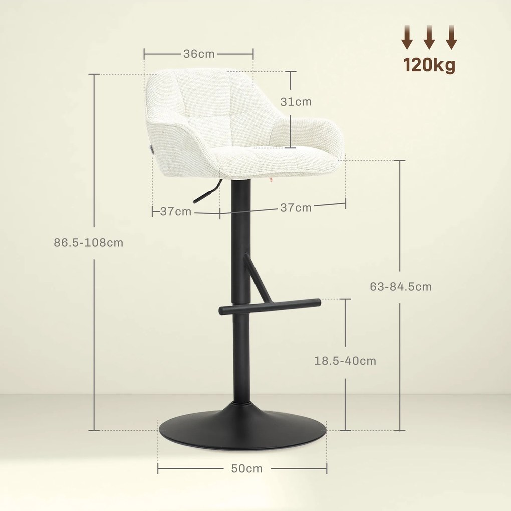 HOMCOM Lot de 2 taburete de bar, scaune de bar, înălțime reglabilă, material textil efect in și bază din oțel, 52,5 x 53 x 86,5-108 cm, crem | Aosom Romania