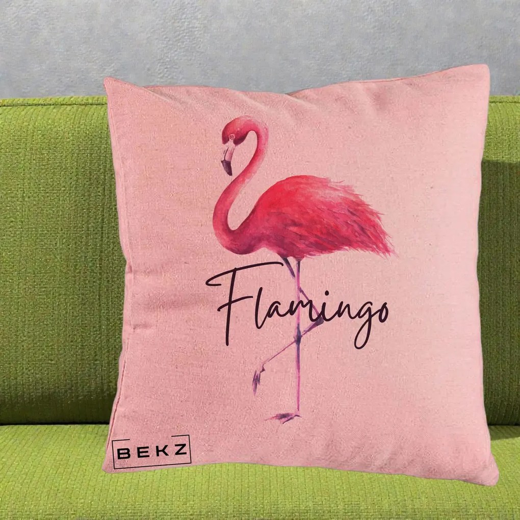 Perna Decorativa Flamingo Acuarela, 40x40 cm, Roz, Husa Detasabila, Perna Inclusa, BEKZ®
