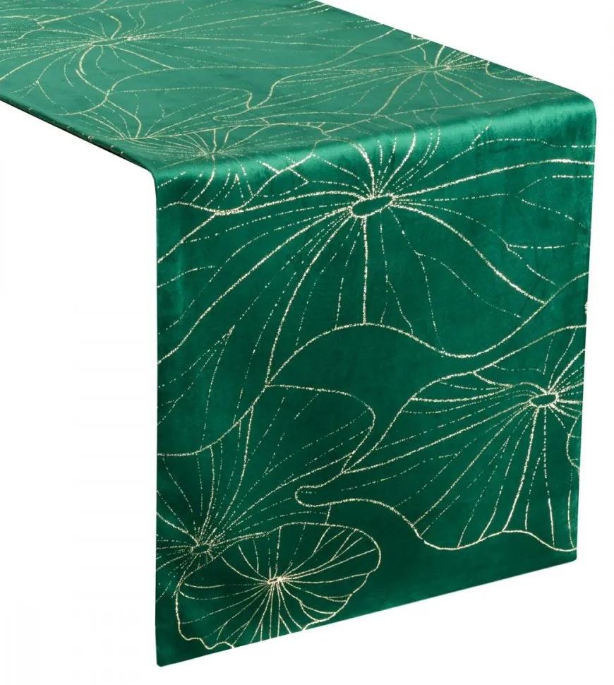 Traversa pentru masa din catifea verde cu imprimeu floral Lățime: 35 cm | Lungime: 180 cm