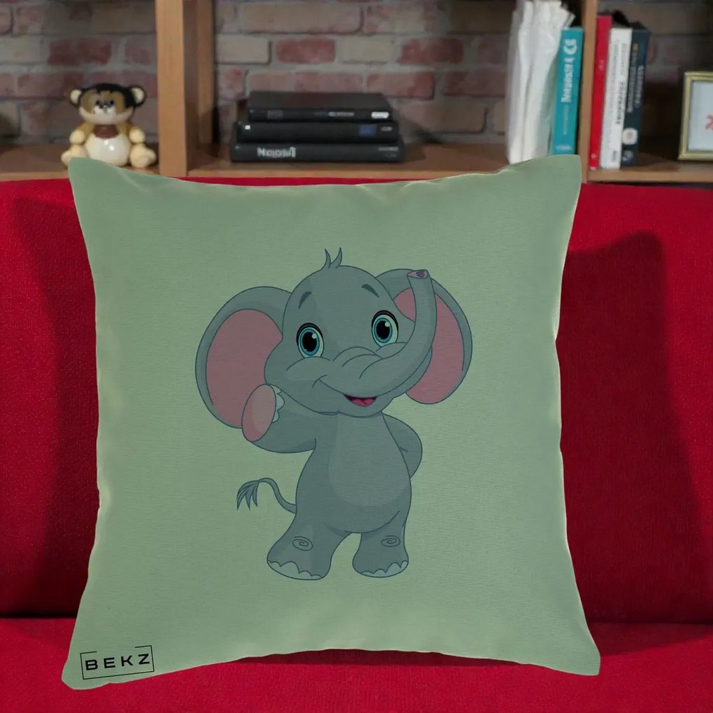 Perna Decorativa Pui de Elefant Kawaii, 40x40 cm, Verde, Husa Detasabila, Perna Inclusa, BEKZ®