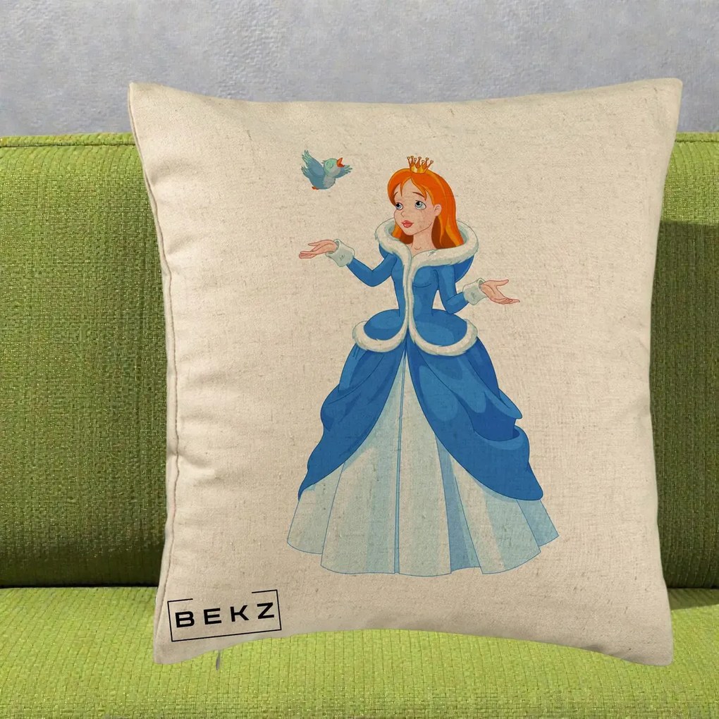 Perna Personalizata Printesa Albastra cu Pasare, 40x40 cm, Bej, Husa Detasabila, Perna Inclusa, BEKZ®
