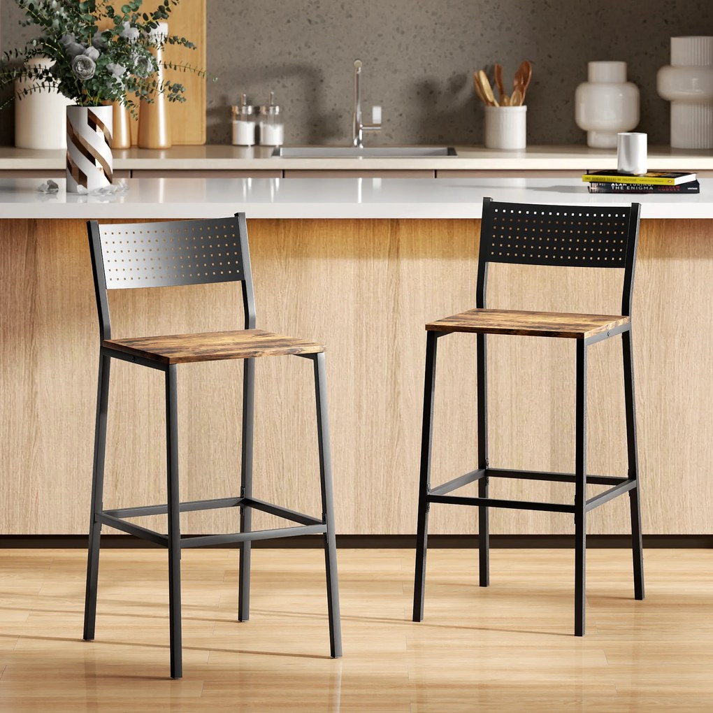 HOMCOM Set 2 Scaune Bar Stil Industrial cu Spătar și Suport pentru Picioare Maro | Aosom Romania