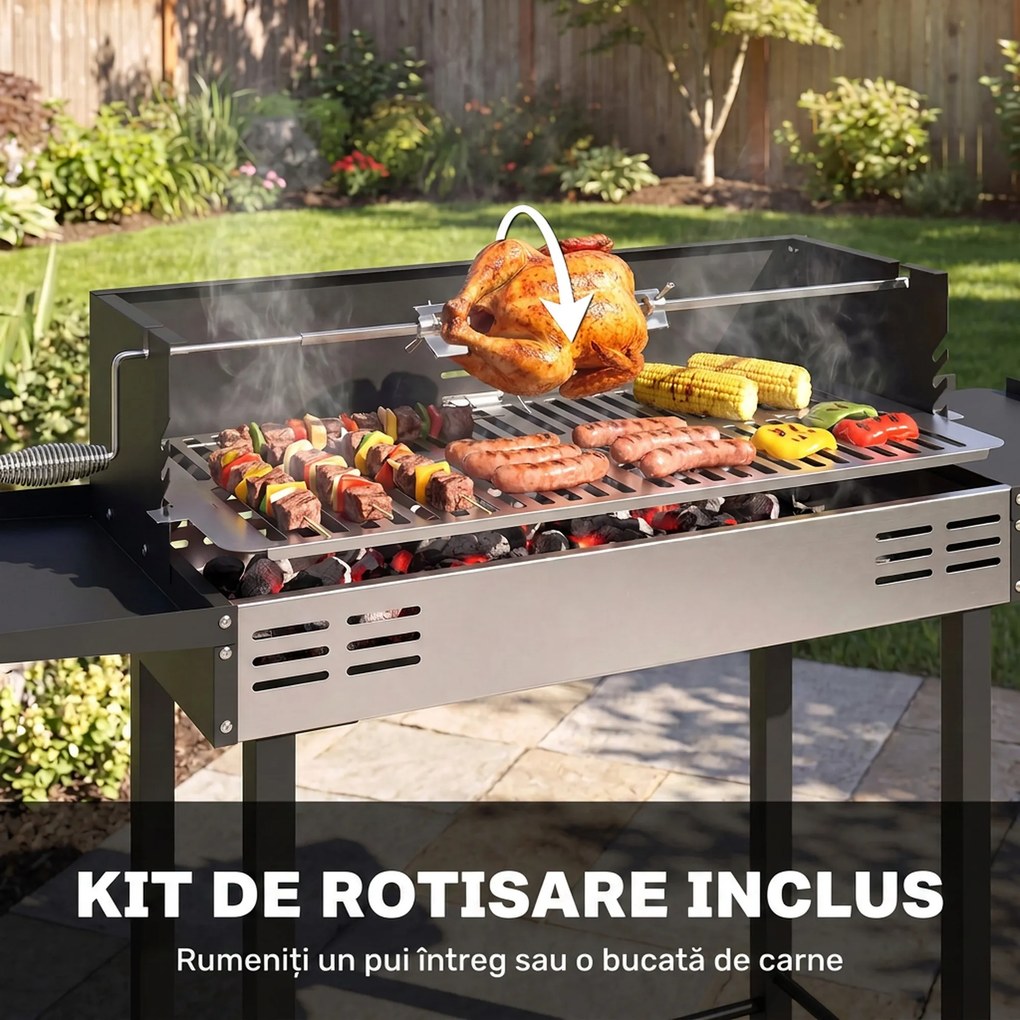 Outsunny BBQ Rotisserie Grill Charcoal Split Roaster for Chicken Turkey 3-Level Grill Grate, Storage Shelves, Stainless Steel | Aosom Romania