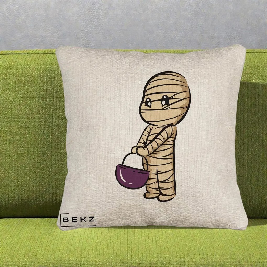 Perna Decorativa Halloween Mummy Kawaii cu Cos, 40x40 cm, Bej Canapea, Husa Detasabila, Perna Inclusa, BEKZ®
