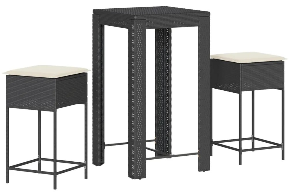 3261448 vidaXL Set mobilier bar de grădină cu perne, 3 piese, negru, poliratan