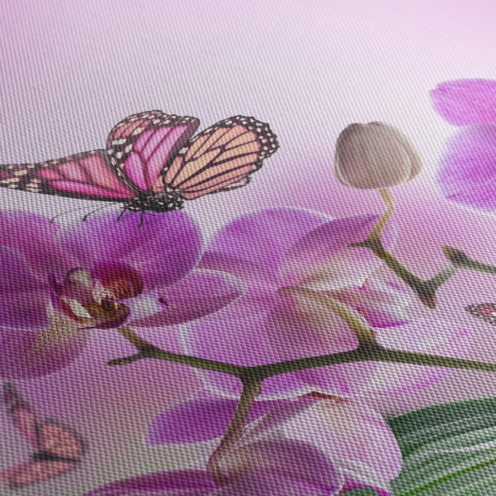Tablou - Fluture pe flori de orhidee, liliac (cu ceas) (90x30 cm)