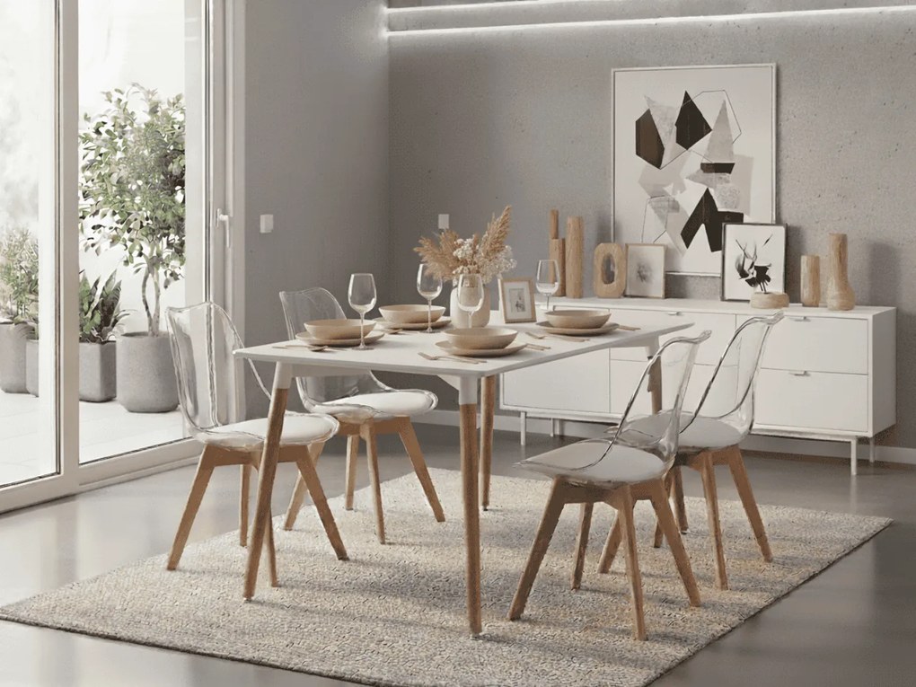 Set de masa 1 + 4, masa alba ADRIA 120x80 cm + scaune transparente BALI MARK cu picioare din lemn de fag