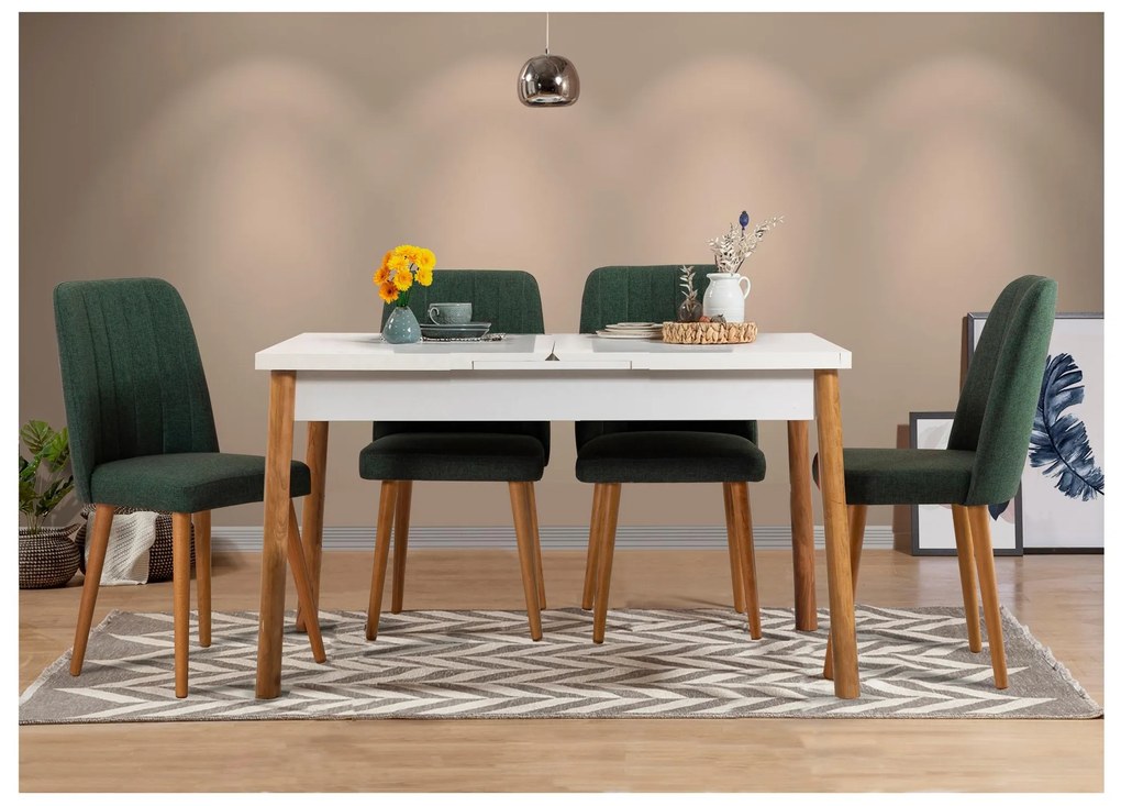 Set mobilier sufragerie Dobuse 3 (pin atlantic + alb + verde) (pentru 4 persoane). 1093798
