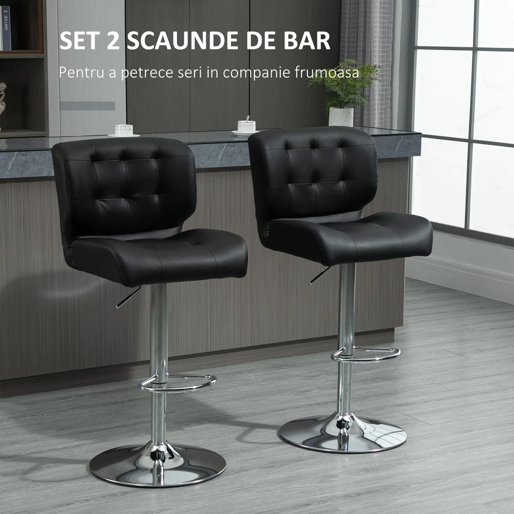 HOMCOM Set 2 Taburete de Bar Pivotante, Design Modern, Imitație Piele, 50x55,5x93-114 cm, Negru, Confortabil | Aosom Romania